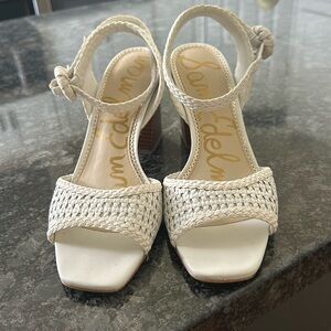 Sam Edelman, white woven sandals size 9 straps around the ankle 3 inch heel